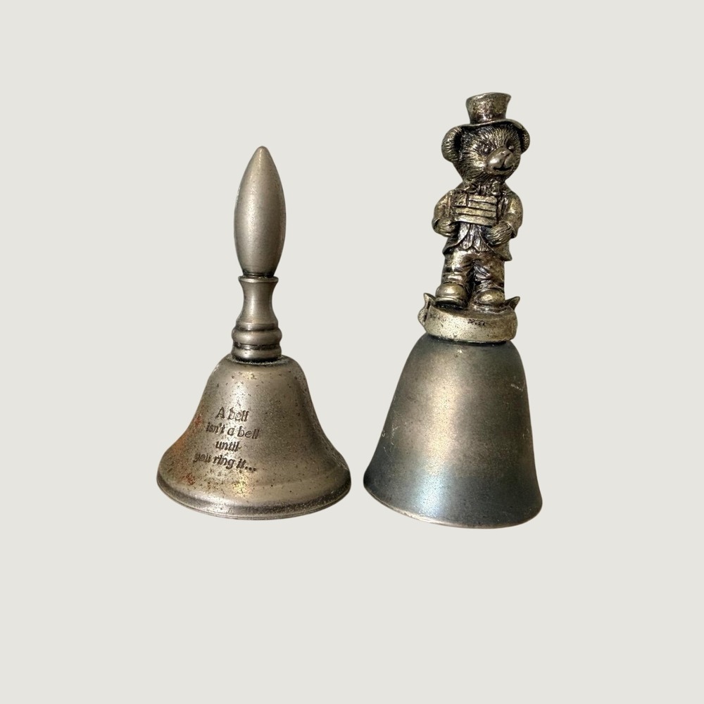 Vintage Pewter Silver Tone Hand Bell Set Teddy Bear Top Hat & Quote Bell 2pc